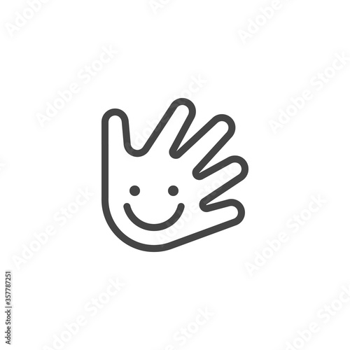 Thin Outline Icon Hand and Smile. Such Line sign as Fine Motor Skills, Preschool Learning, or Logo Daycare. Vector Computer Custom Isolated Pictograms EPS, for Web on White Background Editable Stroke.