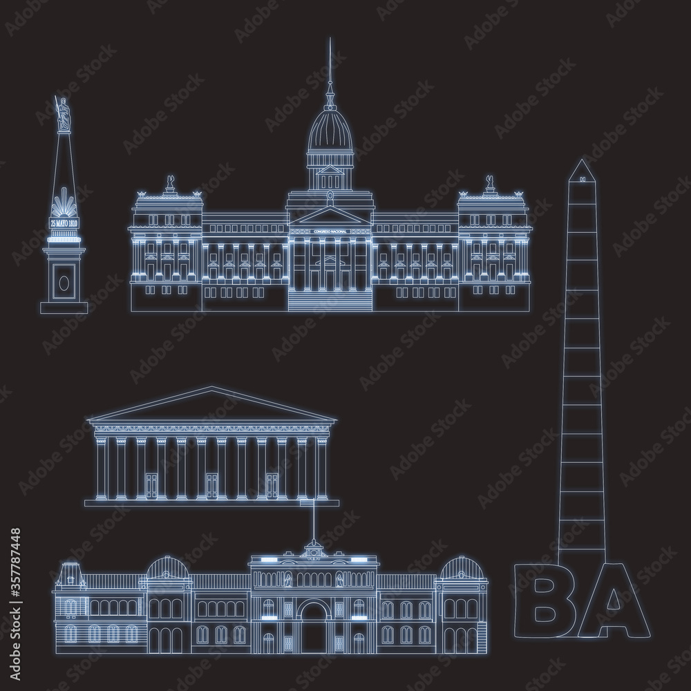 buildings of buenos aires in argentina, illustration neon effect on dark background