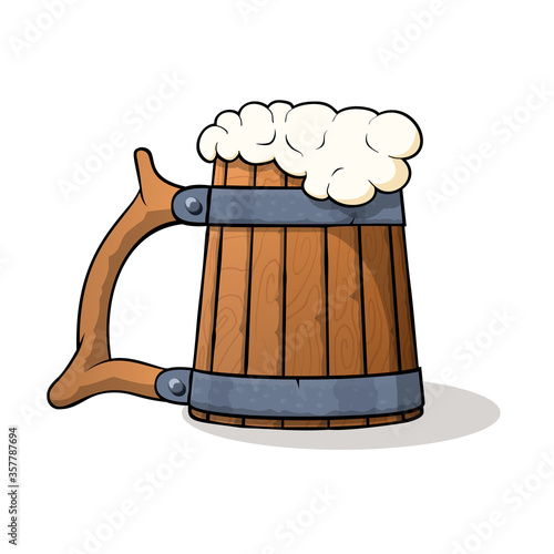 Wooden beer mug with beer and froth
