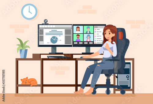 Video conference concept. Woman workspace has video call online meeting work from home. Vector illustration New normal.