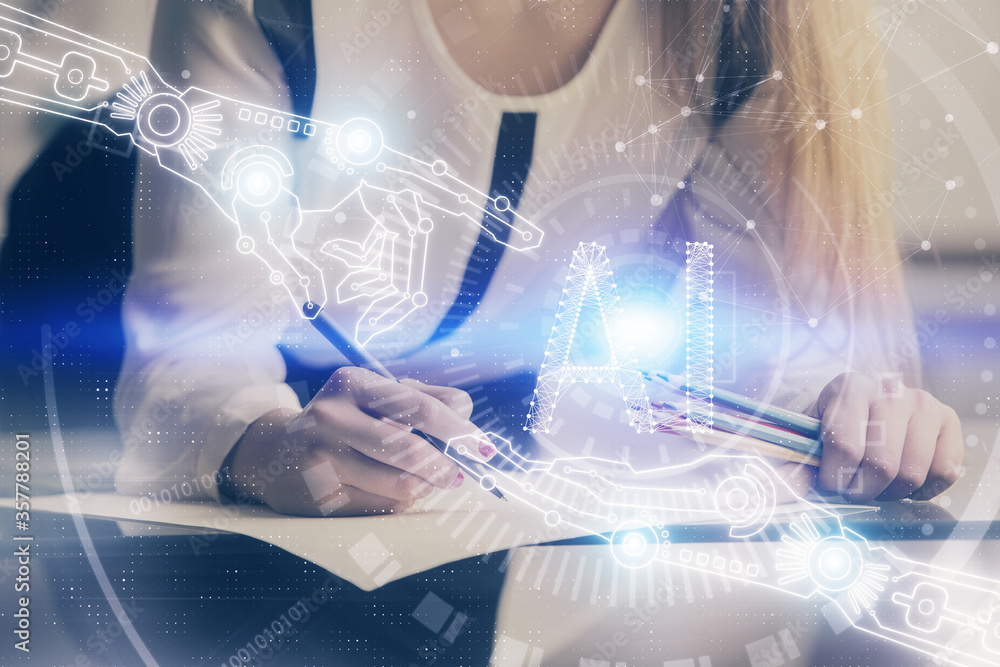 Multi exposure of woman's writing hand on background with data technology hud. Big data concept. Multi exposure of woman's writing hand on background with data technology hud. Big data concept.