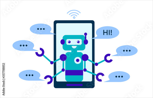 Chatbot in phone with speech bubble isolated on white background. Chatbot business concept. Cute robot icon for support service. Vector flat illustration. Design for banner, landing page, site.
