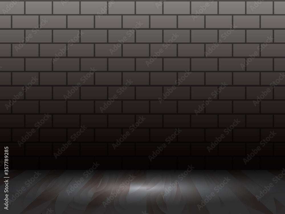Dark wooden floor with brick wall. Vector stock illustration for card
