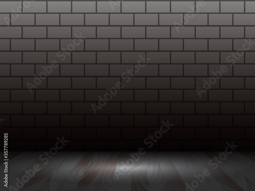 Dark wooden floor with brick wall. Vector stock illustration for card © Anastasia Gapeeva