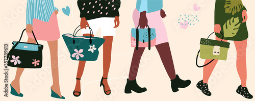 Set of four pairs female legs and hands with different types of trendy handbags.Hand drawn vector illustration in pastel colors.Different ethnicities poster.Banner for fashion boutique or shopping