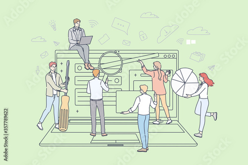 Teamwork, business, partnership, digital marketing concept. Team of businessmen women coworkers cartoon characters surfing searching internet web pages traffic. Online advertiing and seo optimization.