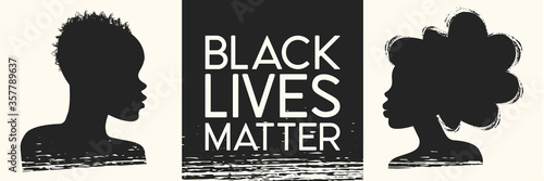 Black Lives Matter. Young African Americans: man and woman against racism. Black citizens are fighting for equality. The social problems of racism. Vector illustration, banner.