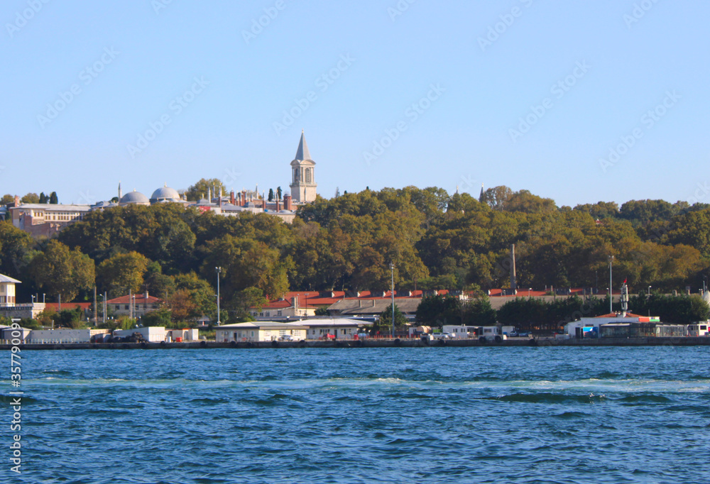 view of the port of  Karakoy in Istanbul , Topkapi palace and Halic sea