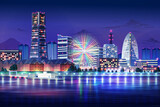 yokohama japan blue light night cityscape illustration