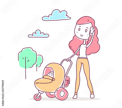 Vector illustration of beautiful happy girl in pants walking with baby in a stroller and talking on the phone.
