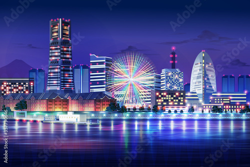 yokohama japan blue light night cityscape illustration © arunrojk