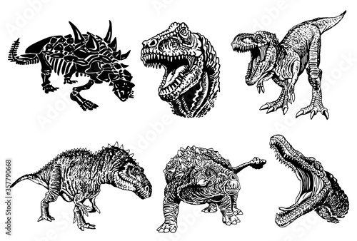 Hand-drawn set of dinosaurs isolated on white background, vector illustration , elements for design , tattoo and printing