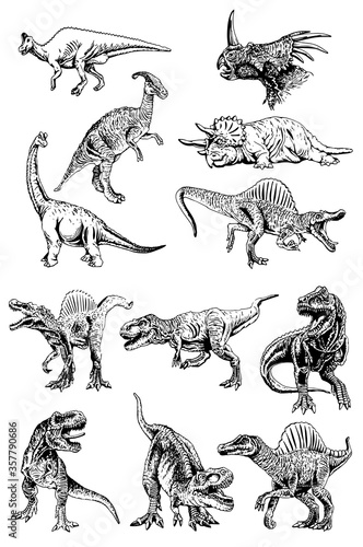 Hand-drawn set of dinosaurs isolated on white background, vector illustration , elements for design , tattoo and printing