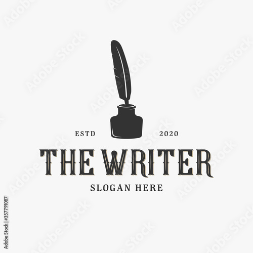 feather pen logo concept, education, writer, company vintage design template.