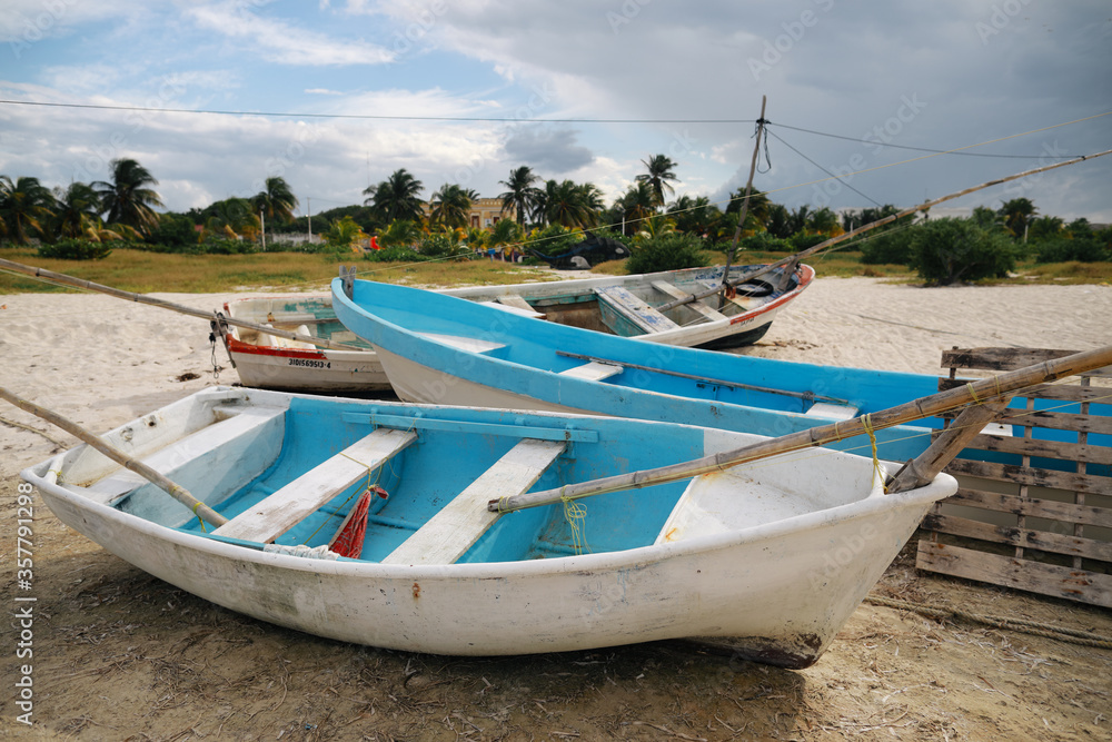 Fishing boats on the sand in Mexico,Progreso,Yucatan.
