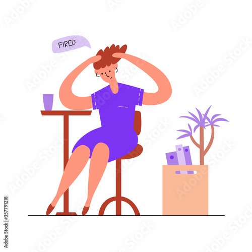 Young woman fired from job and box with office things, plant. Flat vector illustration,design job loss concept. Template for website, landing page