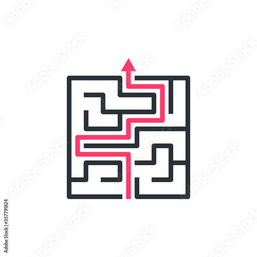 flat vector image on white background, maze icon with red arrow