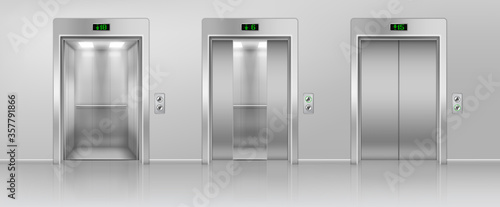 Realistic Detailed 3d Metal Passenger Elevator Set. Vector