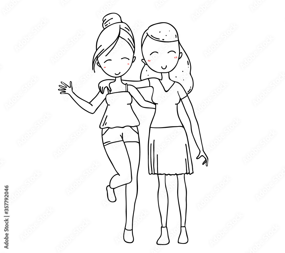 Vector illustration of beautiful happy hugging two girls in summer clothes isolated on white background. Hand drawn flat line art style girl without color Vector illustration of beautiful happy hugging two girls in summer clothes isolated on white background. Hand drawn flat line art style girl without color