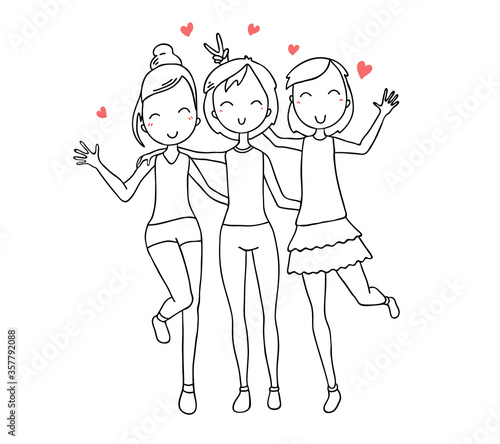 Vector illustration of beautiful happy hugging three girls with red hearts. Hand drawn flat line art style girl without color