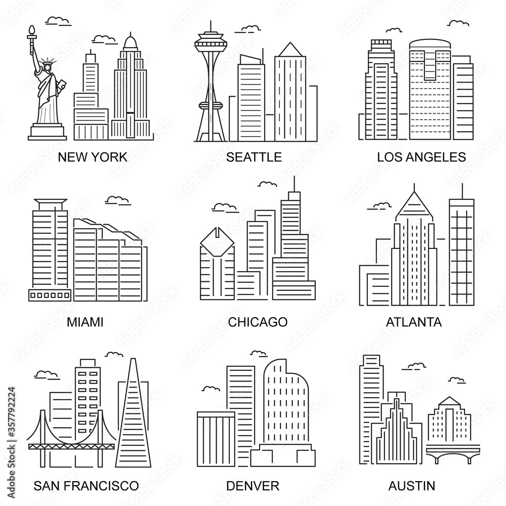 Usa Cities Sign Contour Linear Icon Set. Vector