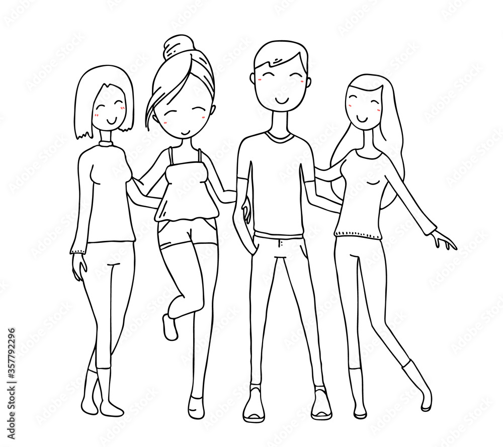 Vector illustration of happy hugging posing boy and cute girls on white background.