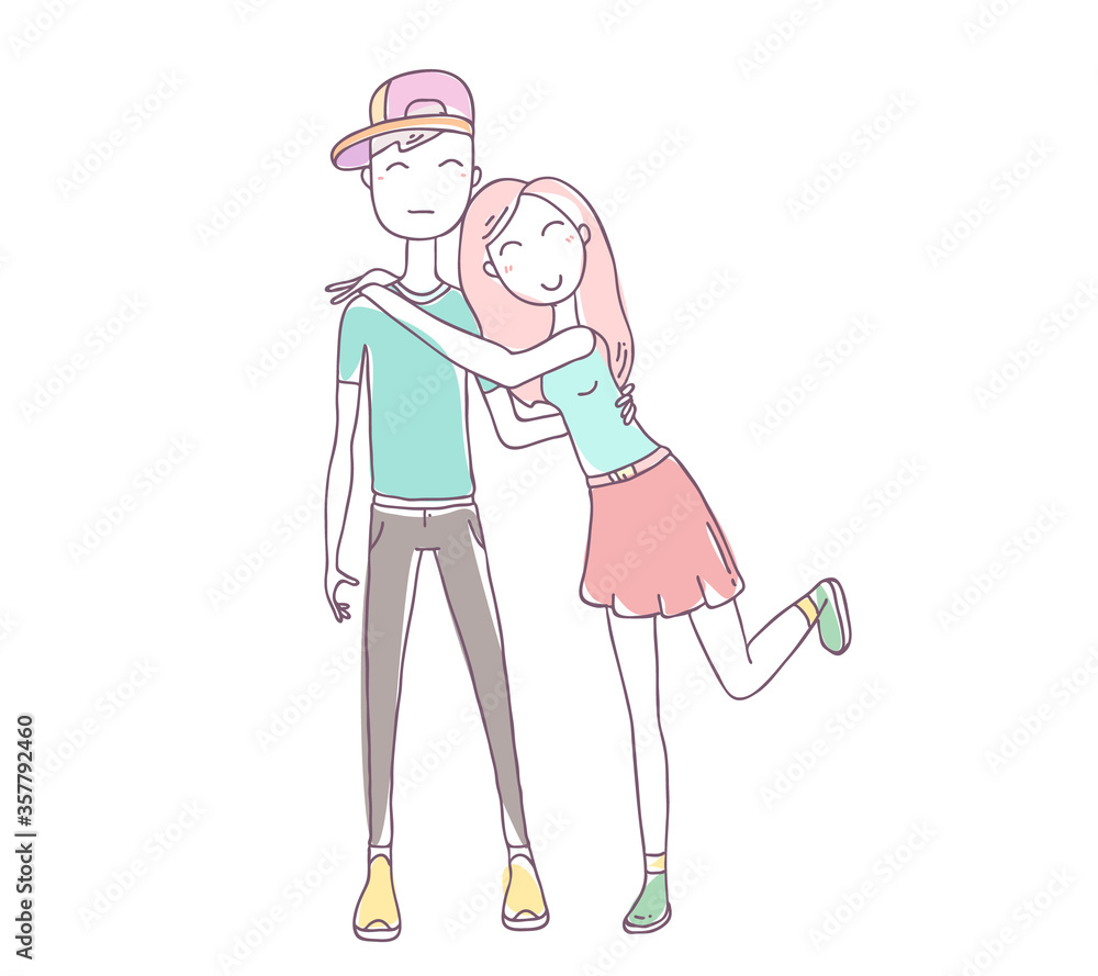 Vector illustration of happy hugging young couple in summer clothes isolated on white background. Vector illustration of happy hugging young couple in summer clothes isolated on white background.