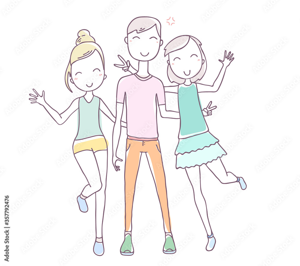 Vector illustration of happy hugging posing boy and girls in summer clothes on white background. Hand drawn flat line art style retro color young people Vector illustration of happy hugging posing boy and girls in summer clothes on white background. Hand drawn flat line art style retro color young people