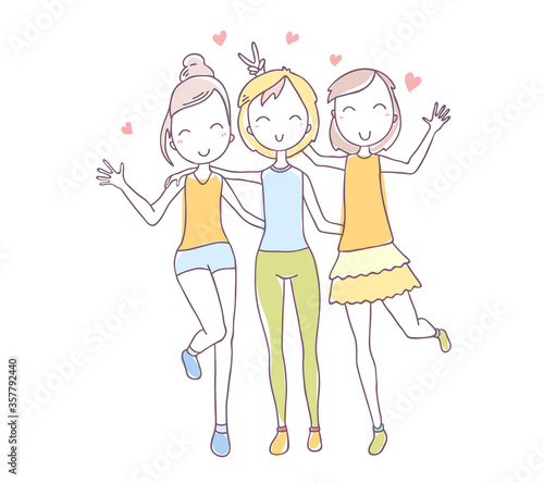 Vector illustration of beautiful happy hugging three color girls with hearts.