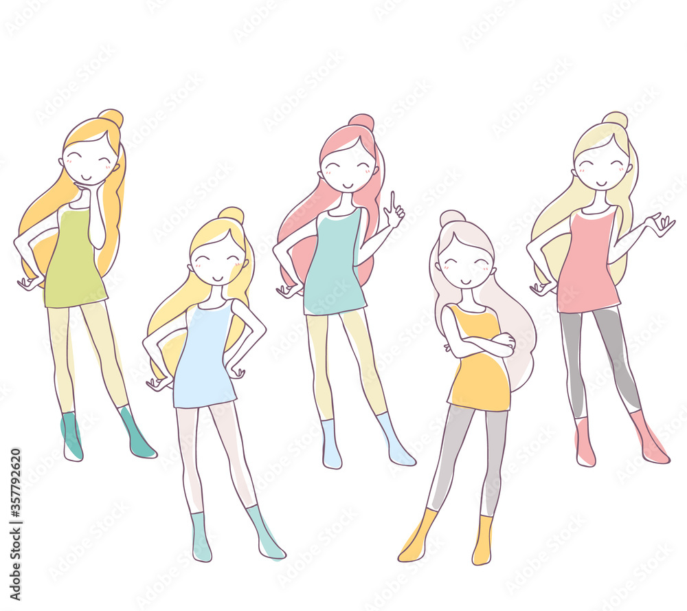 Vector illustration of smiling beautiful color young girl in various poses standing on white background.