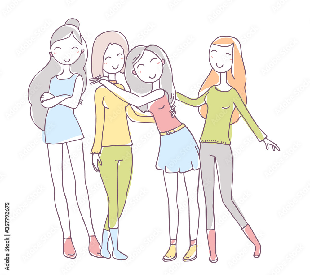 Vector illustration of group of beautiful happy girls. Hugging posing young girls on white background. Vector illustration of group of beautiful happy girls. Hugging posing young girls on white background.