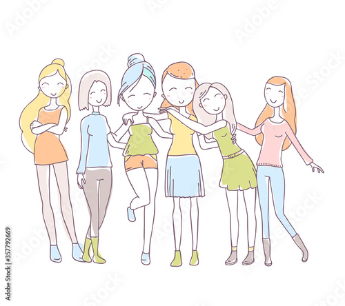 Beautiful happy hugging girls stand together on white background. Vector illustration of group of young girls.