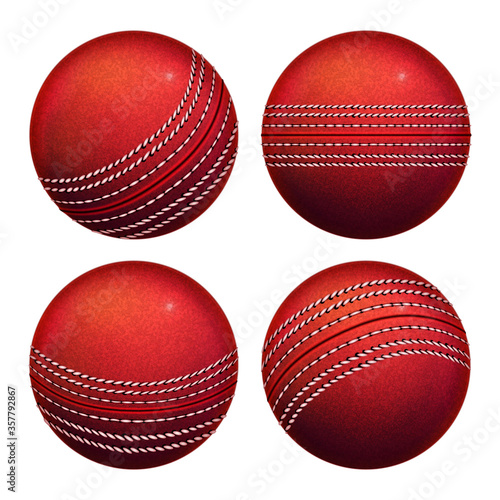 Cricket Leather Ball Sportive Equipment Set Vector. Collection Of Cricket Sport Tool With Circle Stitch Different Side. Team Play Game With Wooden Bat On Field Arena Template Realistic 3d