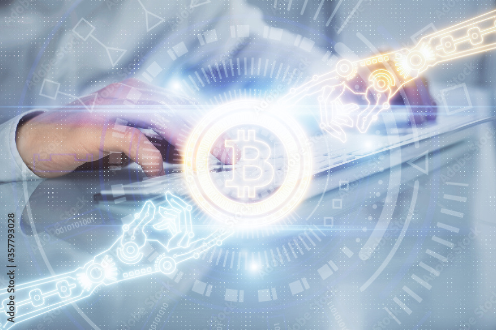 Crypto currency theme hologram with businessman working on computer on background. Concept of blockchain. Multi exposure. Crypto currency theme hologram with businessman working on computer on background. Concept of blockchain. Multi exposure.