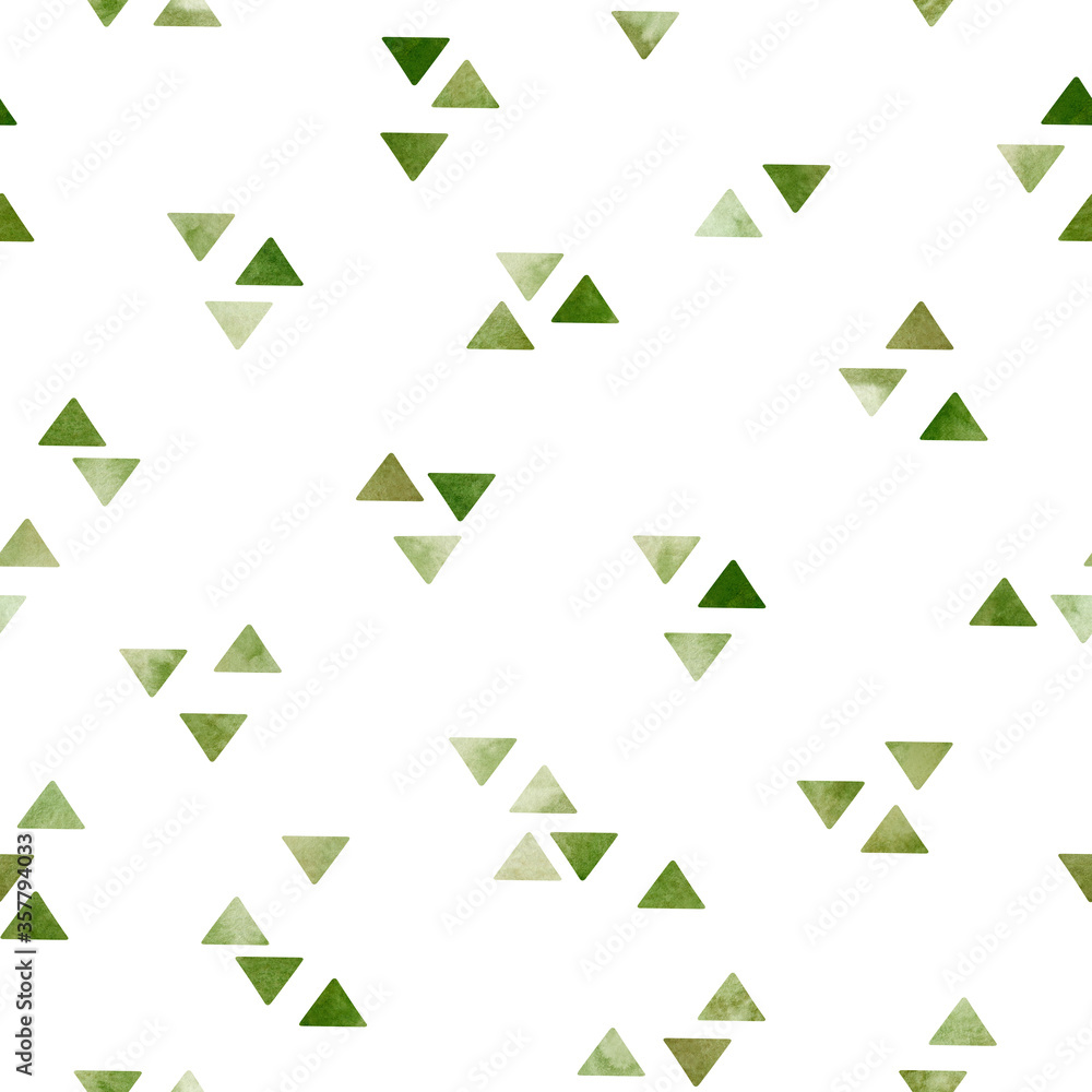 Watercolor abstract seamless pattern with green geometric shape. Freehand aesthetic background with triangles. Mosaic collage perfect for baby fabric textile, wrapping paper, cover, wallpaper Watercolor abstract seamless pattern with green geometric shape. Freehand aesthetic background with triangles. Mosaic collage perfect for baby fabric textile, wrapping paper, cover, wallpaper