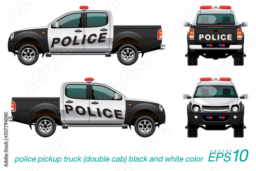 VECTOR EPS10 - pickup truck police car black and white color with red siren, template isolated on white background.