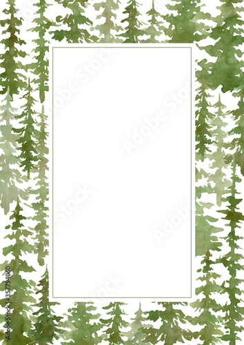 Watercolor frame with green coniferous trees. Evergreen fir, oak for wedding and birthday invitation, greeting card. Wreath with nature elements.