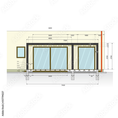 Plan of garden terrace at family house. Outdoor seating, vector construction drawing. Wooden pergola, light structure located in garden. Blueprint of external shading against sunlight and heat