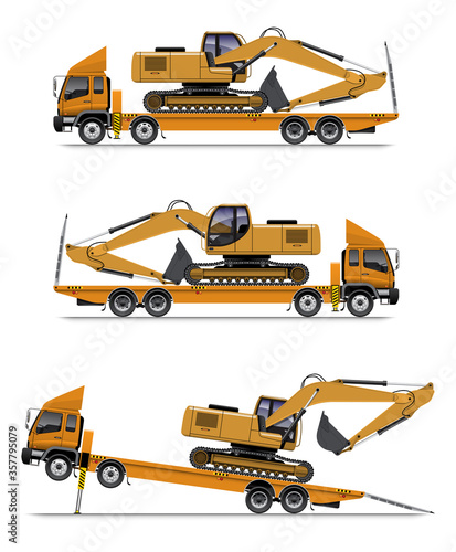 VECTOR EPS10 - yellow flatbed truck with excavators load and unload, isolate on white background.