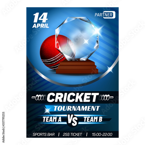 Cricket Tournament Winner Award Card Poster Vector. Round Leather Cricket Playing Ball And Reward For Win Team. Teamwork Television Game Event Announcement Color Concept Template Illustration