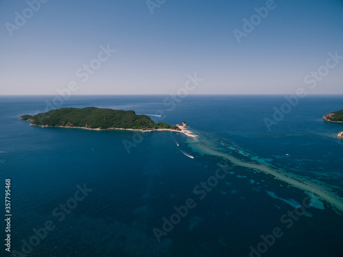 St. Nicholas Island near Budva, Montenegro. Sandy isthmus isthmus presenter. Island.