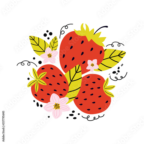 Hand drawn cartoon bright natural red strawberry isolated on a white background. Summer fresh sweet berries  pink flowers and leaves. Vector flat illustration in Scandinavian style