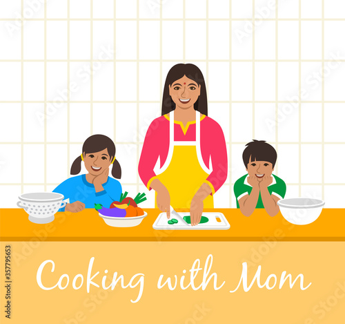 Indian family cooking together. Mom with two happy kids cuts vegetables for the dinner. Flat cartoon illustration. Little son and daughter help mother cook meals in the kitchen. Stay home concept