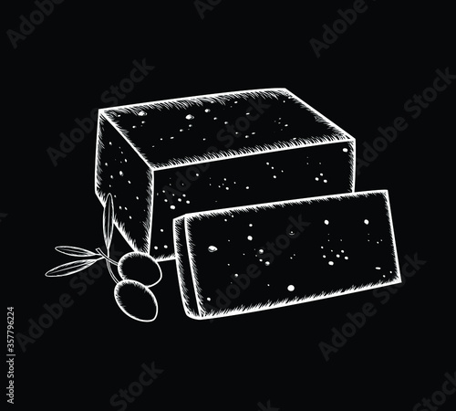 black and white chalk style greek feta cheese illustration