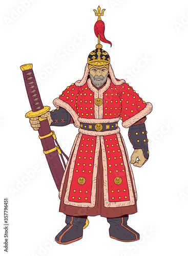 Admiral Yi Sun-shin. He was a Korean naval commander famed for his victories against the Japanese navy during the Imjin war in the Joseon Dynasty. Colored vector illustration.
