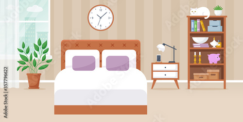 Bedroom with double bed. Cozy interior. Vector banner.