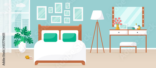 Bedroom with double bed and dressing table. Vector interior.