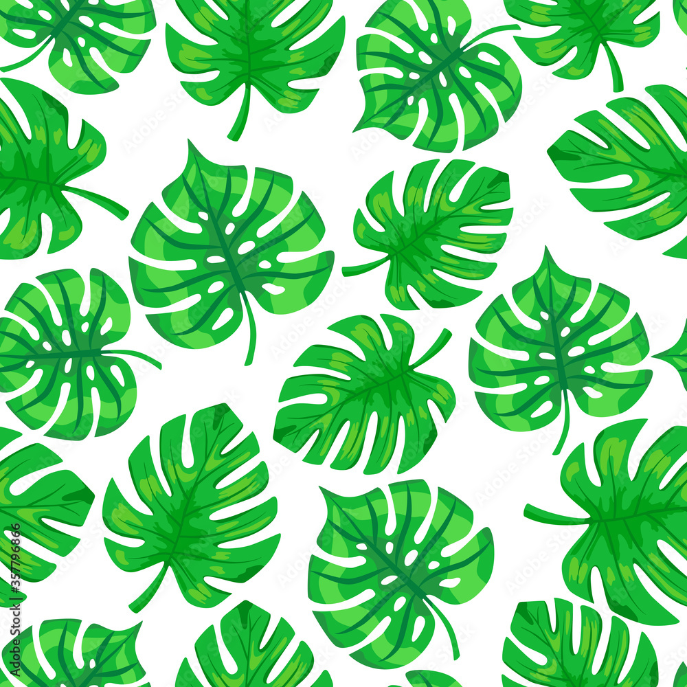 Tropic monstear palm leaves pattern. Seamless exotic pattern with tropical monstera leaves . Vector illustration of silhouettes tropic foliage.