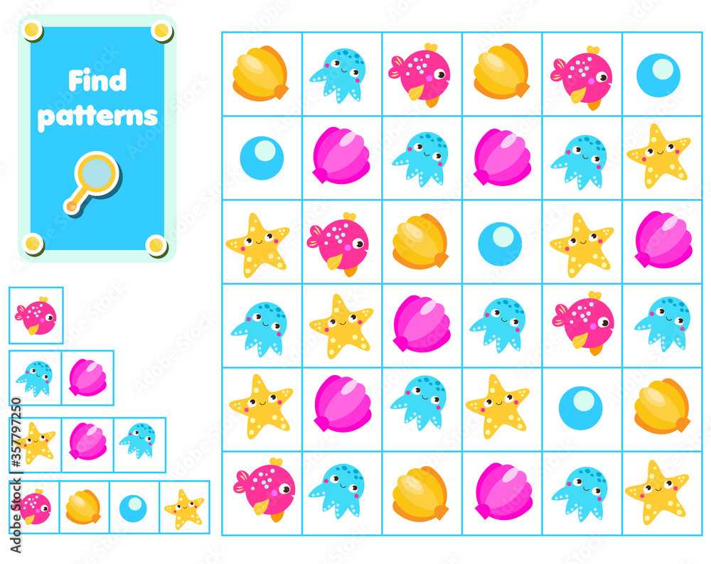 Children educational game. Find and show patterns. marine activity for pre school years kids and toddlers Children educational game. Find and show patterns. marine activity for pre school years kids and toddlers