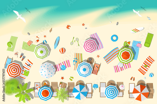 Vector illustration. Sunny beach top view. Summertime - sea, sand, umbrellas, towels, chairs, clothes, objects. (view from above) 
